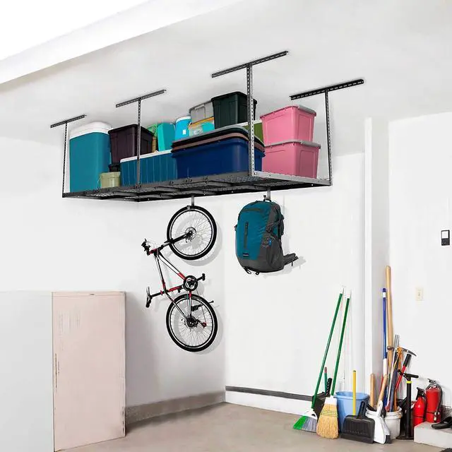 Alt view image 2 of 5 - 3ftx8ft Overhead Garage Storage Rack, Heavy-Duty Metal Garage Ceiling Storage Rack, 22''-40" Adjustable Ceiling Drop-Down, 750 lb. Loading Weight Capacity, Black