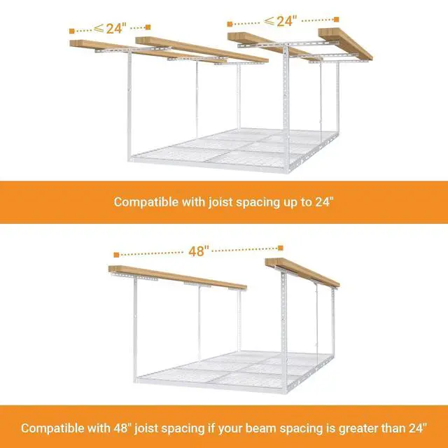 Alt view image 7 of 7 - 4ftx8ft Overhead Garage Storage Rack, Heavy-Duty Metal Garage Ceiling Storage Rack, 22''-40" Adjustable Ceiling Drop-Down, 750 lb. Loading Weight Capacity, White
