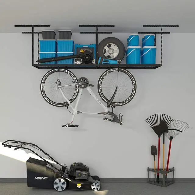Alt view image 2 of 5 - 2ftx8ft Overhead Garage Storage Rack, Heavy-Duty Metal Garage Ceiling Storage Rack, 22''-40" Adjustable Ceiling Drop-Down, 400 lb. Loading Weight Capacity, Black