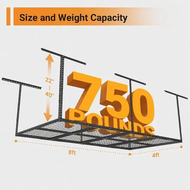 Alt view image 2 of 7 - 4ftx8ft Overhead Garage Storage Rack, Heavy-Duty Metal Garage Ceiling Storage Rack, 22''-40" Adjustable Ceiling Drop-Down, 750 lb. Loading Weight Capacity, Black