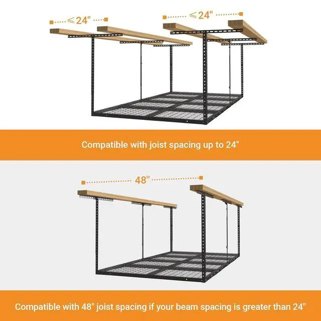 Alt view image 7 of 7 - 4ftx8ft Overhead Garage Storage Rack, Heavy-Duty Metal Garage Ceiling Storage Rack, 22''-40" Adjustable Ceiling Drop-Down, 750 lb. Loading Weight Capacity, Black