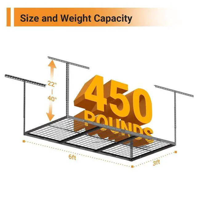 Alt view image 2 of 7 - 3x6ft Overhead Garage Storage Rack, Heavy Duty Metal Ceiling Shelf, 22'' to 40" Adjustable Dropdown, 450lbs Loading Weight Capacity, Black