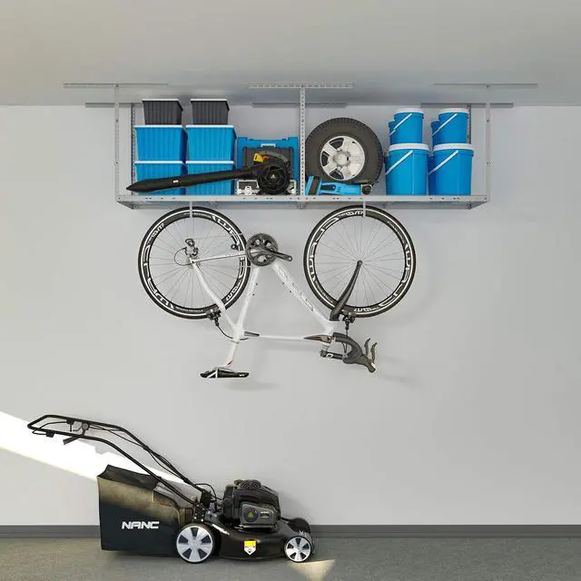 Alt view image 2 of 5 - 2ftx8ft Overhead Garage Storage Rack, Heavy-Duty Metal Garage Ceiling Storage Rack, 22''-40" Adjustable Ceiling Drop-Down, 400 lb. Loading Weight Capacity, White
