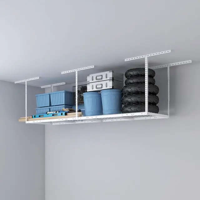 Main image of 2ftx8ft Overhead Garage Storage Rack, Heavy-Duty Metal Garage Ceiling Storage Rack, 22''-40" Adjustable Ceiling Drop-Down, 400 lb. Loading Weight Capacity, White