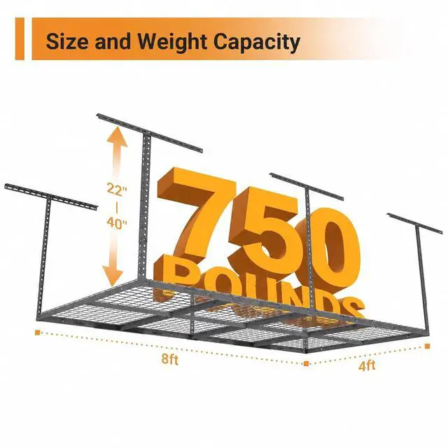 Alt view image 2 of 7 - 4ftx8ft Overhead Garage Storage Rack, Heavy-Duty Metal Garage Ceiling Storage Rack, 22''-40" Adjustable Ceiling Drop-Down, 750 lb. Loading Weight Capacity, Hammertone