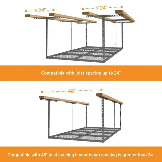 Alt view image 7 of 7 - 4ftx8ft Overhead Garage Storage Rack, Heavy-Duty Metal Garage Ceiling Storage Rack, 22''-40" Adjustable Ceiling Drop-Down, 750 lb. Loading Weight Capacity, Hammertone