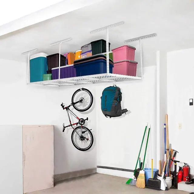 Alt view image 2 of 5 - 3ftx8ft Overhead Garage Storage Rack, Heavy-Duty Metal Garage Ceiling Storage Rack, 22''-40" Adjustable Ceiling Drop-Down, 750 lb. Loading Weight Capacity, White