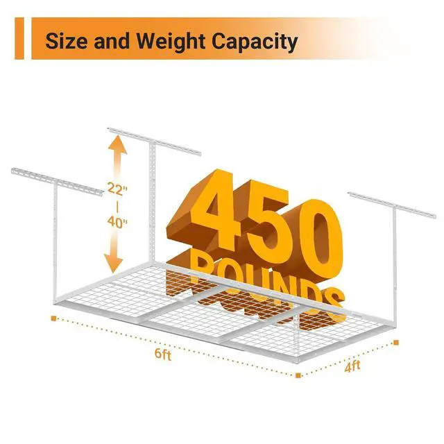 Alt view image 2 of 7 - 4x6ft Overhead Garage Storage Rack, Heavy Duty Metal Ceiling Shelf, 22'' to 40" Adjustable Dropdown, 450lbs Loading Weight Capacity, White
