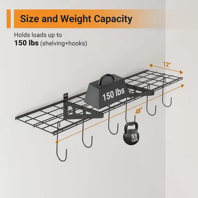 Alt view image 2 of 7 - 1x4 ft Garage Shelving with 6 Bike Hooks, 1-Pack Wall-Mounted Shelve for Garage, Kitchen, Pantry Storage, 150 lbs Total Load Capacity Wall Shelving, Black