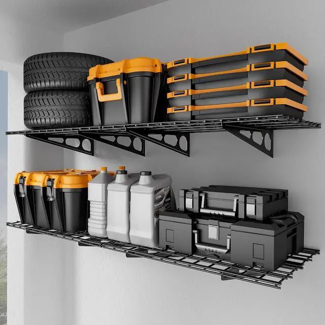 Main image of 2x6 ft Garage Shelving, 2-Pack Wall-Mounted Shelves for Garage, Kitchen, Pantry Storage, 800 lbs Total Load Capacity Gargae Wall Shelving, Black