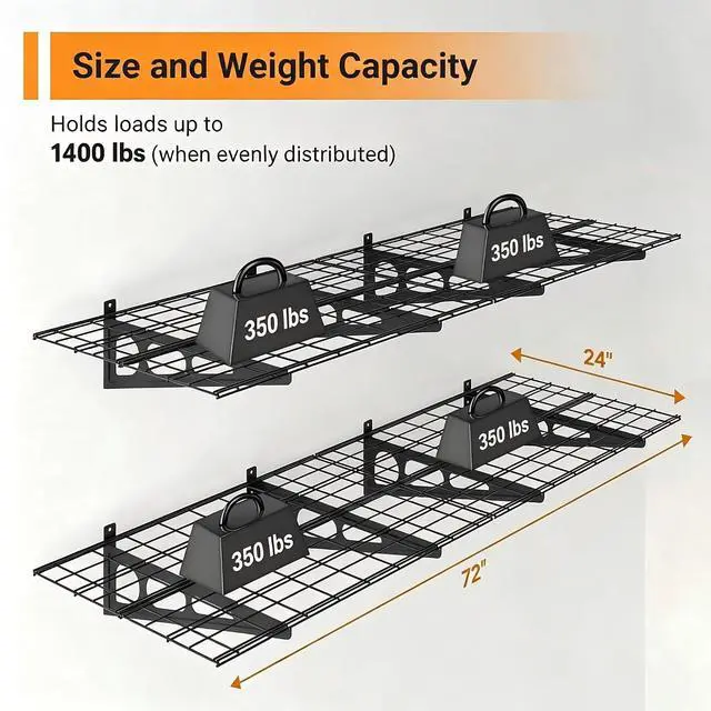 Alt view image 2 of 7 - 2x6 ft Garage Shelving, 2-Pack Wall-Mounted Shelves for Garage, Kitchen, Pantry Storage, 800 lbs Total Load Capacity Gargae Wall Shelving, Black