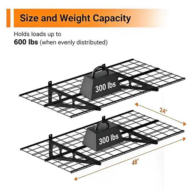 Alt view image 2 of 7 - 2x4 ft Garage Shelving, 2-Pack Wall-Mounted Shelves for Garage, Kitchen, Pantry Storage, 400 lbs Total Load Capacity Wall Shelving, Black