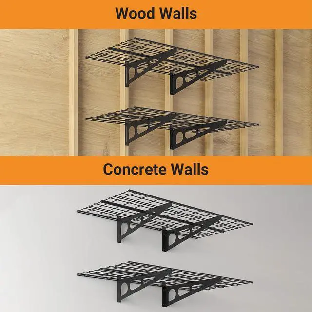 Alt view image 6 of 7 - 2x4 ft Garage Shelving, 2-Pack Wall-Mounted Shelves for Garage, Kitchen, Pantry Storage, 400 lbs Total Load Capacity Wall Shelving, Black