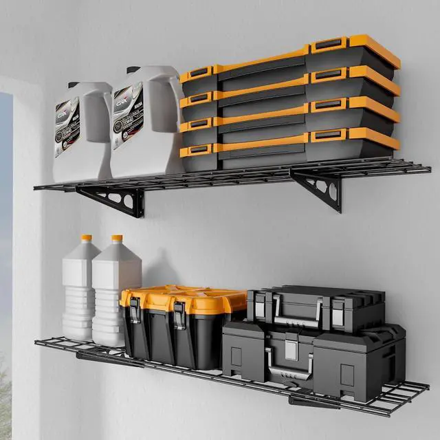 Main image of 1x4 ft Garage Shelving, 2-Pack Wall-Mounted Shelves for Garage, Kitchen, Pantry Storage, 300 lbs Total Load Capacity Wall Shelving, Black