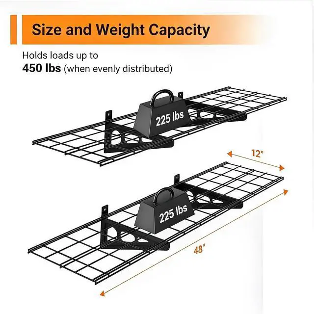 Alt view image 2 of 7 - 1x4 ft Garage Shelving, 2-Pack Wall-Mounted Shelves for Garage, Kitchen, Pantry Storage, 300 lbs Total Load Capacity Wall Shelving, Black