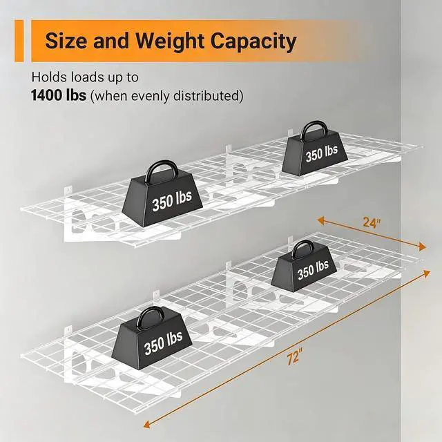 Alt view image 2 of 7 - 2x6 ft Garage Shelving, 2-Pack Wall-Mounted Shelves for Garage, Kitchen, Pantry Storage, 800 lbs Total Load Capacity Storage Wall Shelving, White
