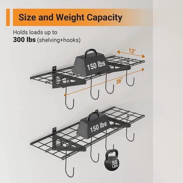 Alt view image 2 of 7 - 1x3 ft Garage Shelving with 8 Bike Hooks, 2-Pack Wall-Mounted Shelves for Garage, Kitchen, Pantry Storage, 300 lbs Total Load Capacity Garage Wall Shelving, Black