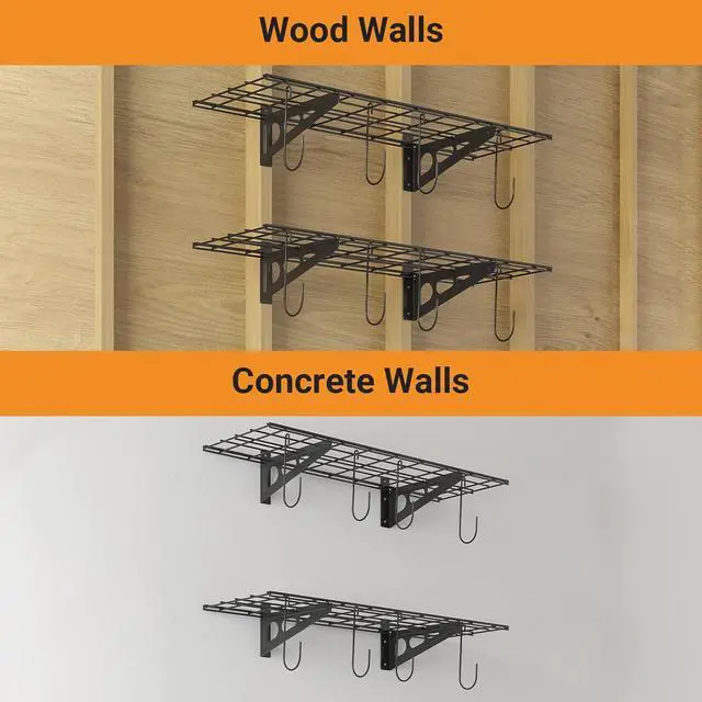Alt view image 4 of 7 - 1x3 ft Garage Shelving with 8 Bike Hooks, 2-Pack Wall-Mounted Shelves for Garage, Kitchen, Pantry Storage, 300 lbs Total Load Capacity Garage Wall Shelving, Black