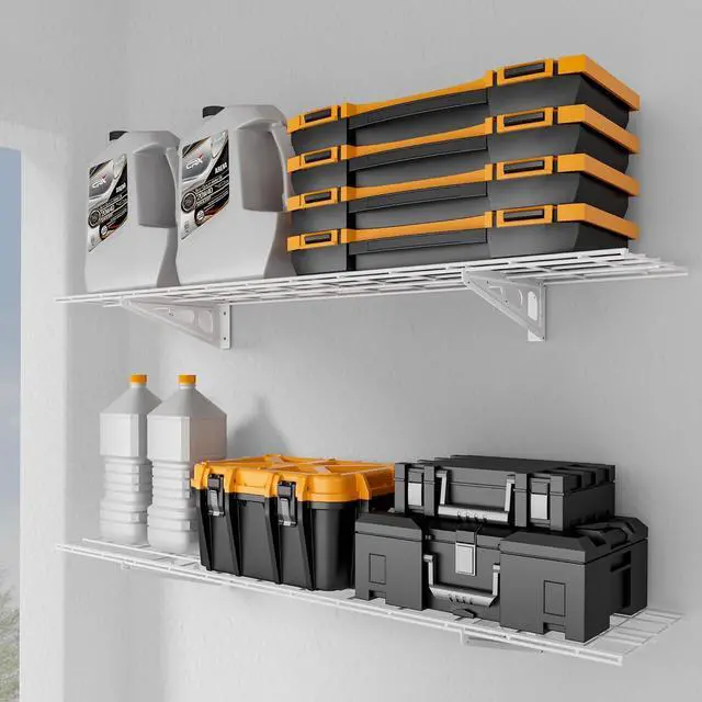 Main image of 1x4 ft Garage Shelving, 2-Pack Wall-Mounted Shelves for Garage, Kitchen, Pantry Storage, 300 lbs Total Load Capacity Wall Shelving, White