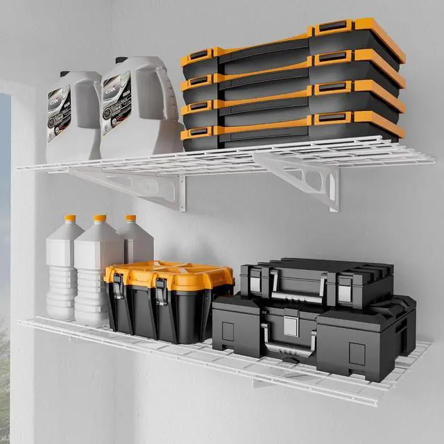 Main image of 2x4 ft Garage Shelving, 2-Pack Wall-Mounted Shelves for Garage, Kitchen, Pantry Storage, 400 lbs Total Load Capacity Wall Shelving, White