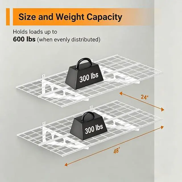 Alt view image 2 of 7 - 2x4 ft Garage Shelving, 2-Pack Wall-Mounted Shelves for Garage, Kitchen, Pantry Storage, 400 lbs Total Load Capacity Wall Shelving, White