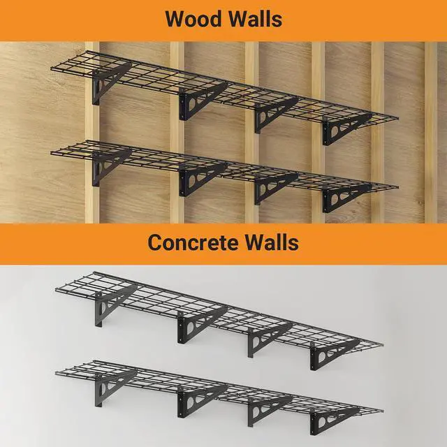 Alt view image 6 of 7 - 1x6 ft Garage Shelving, 2-Pack Wall-Mounted Shelves for Garage, Kitchen, Pantry Storage, 600 lbs Total Load Capacity Shelving, Black
