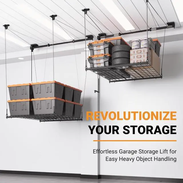 Alt view image 2 of 7 - Adjustable Overhead Garage Storage Rack, 4x4ft Garage Ceiling Storage Lift, Heavy Duty Garage Storage Lift System With 300lbs Weight Capacity, Perfect for Kayaks, Ladders