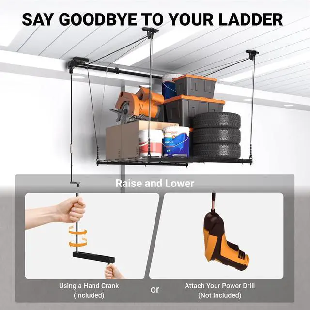 Alt view image 3 of 7 - Adjustable Overhead Garage Storage Rack, 4x4ft Garage Ceiling Storage Lift, Heavy Duty Garage Storage Lift System With 300lbs Weight Capacity, Perfect for Kayaks, Ladders