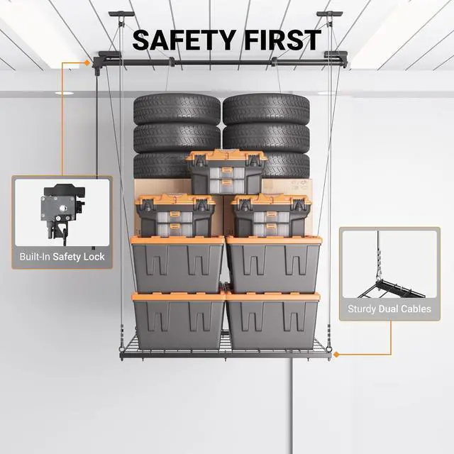 Alt view image 4 of 7 - Adjustable Overhead Garage Storage Rack, 4x4ft Garage Ceiling Storage Lift, Heavy Duty Garage Storage Lift System With 300lbs Weight Capacity, Perfect for Kayaks, Ladders