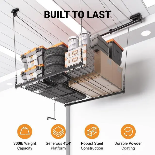 Alt view image 6 of 7 - Adjustable Overhead Garage Storage Rack, 4x4ft Garage Ceiling Storage Lift, Heavy Duty Garage Storage Lift System With 300lbs Weight Capacity, Perfect for Kayaks, Ladders