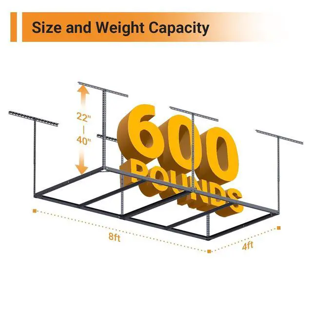 Alt view image 3 of 7 - 4x8ft Overhead Garage Storage Rack Wooden Decking Not Included, Heavy Duty Metal Rack, Adjustable Ceiling Dropdown, 600lbs Weight Capacity (Black)