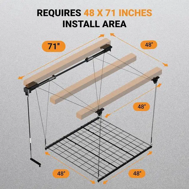 Alt view image 7 of 7 - Adjustable Overhead Garage Storage Rack, 4x4ft Garage Ceiling Storage Lift, Heavy Duty Garage Storage Lift System With 300lbs Weight Capacity, Perfect for Kayaks, Ladders
