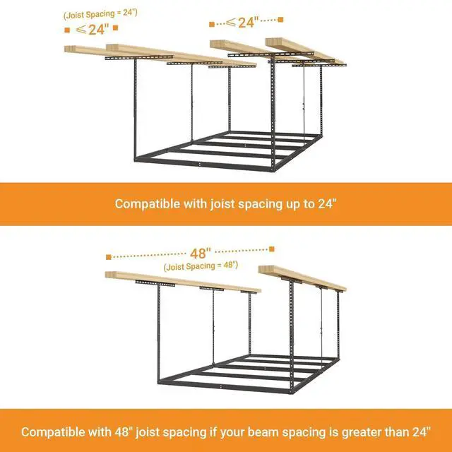 Alt view image 6 of 7 - 4x8ft Overhead Garage Storage Rack Wooden Decking Not Included, Heavy Duty Metal Rack, Adjustable Ceiling Dropdown, 600lbs Weight Capacity (Black)