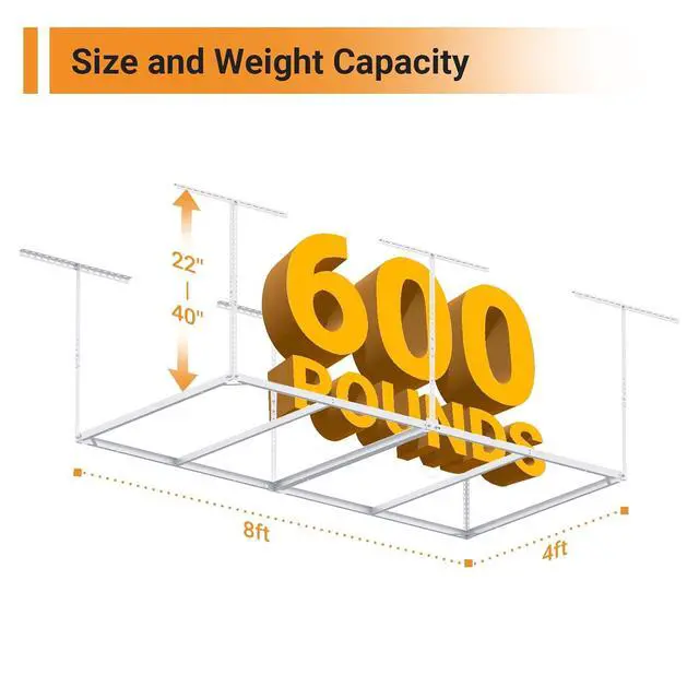 Alt view image 3 of 7 - 4x8ft Overhead Garage Storage Rack Wooden Decking Not Included, Heavy Duty Metal Rack, Adjustable Ceiling Dropdown, 600lbs Weight Capacity (White)