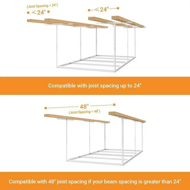 Alt view image 6 of 7 - 4x8ft Overhead Garage Storage Rack Wooden Decking Not Included, Heavy Duty Metal Rack, Adjustable Ceiling Dropdown, 600lbs Weight Capacity (White)