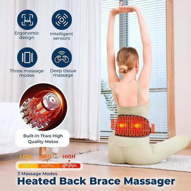Alt view image 2 of 6 - Heating Pad for Back, Cordless Lower Back Massager with Heat, Electric Heating Pad Wrap for Period Cramps Lower Back Neck Shoulders, 3 Heating Levels & 3 Massage Modes, Birthday Gifts for Women Men
