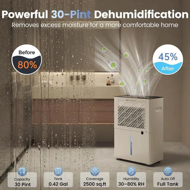 Alt view image 2 of 6 - Dehumidifier, 30 Pint Dehumidifier for Home & Basement, Up to 2500 Sq.Ft, 4 in 1 with Dry Clothes Function, Automatic Defrost, 38dB Quiet Sleep Mode, Timer, Drain Hose, Smart Touch