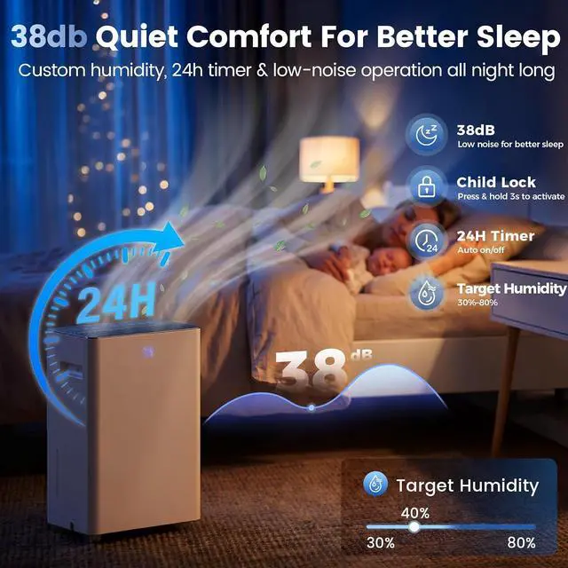 Alt view image 5 of 6 - Dehumidifier, 30 Pint Dehumidifier for Home & Basement, Up to 2500 Sq.Ft, 4 in 1 with Dry Clothes Function, Automatic Defrost, 38dB Quiet Sleep Mode, Timer, Drain Hose, Smart Touch