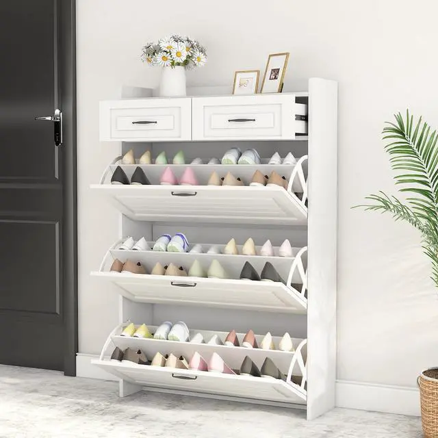 Main image of Shoe Storage Cabinet with 3 Flip Drawers, White Freestanding Storage Racks for Entryway Hidden Narrow Shoe Organizers Perfect for Heels, Boots, Slippers