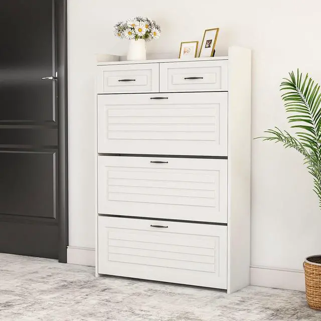 Alt view image 3 of 6 - Shoe Storage Cabinet with 3 Flip Drawers, White Freestanding Storage Racks for Entryway Hidden Narrow Shoe Organizers Perfect for Heels, Boots, Slippers