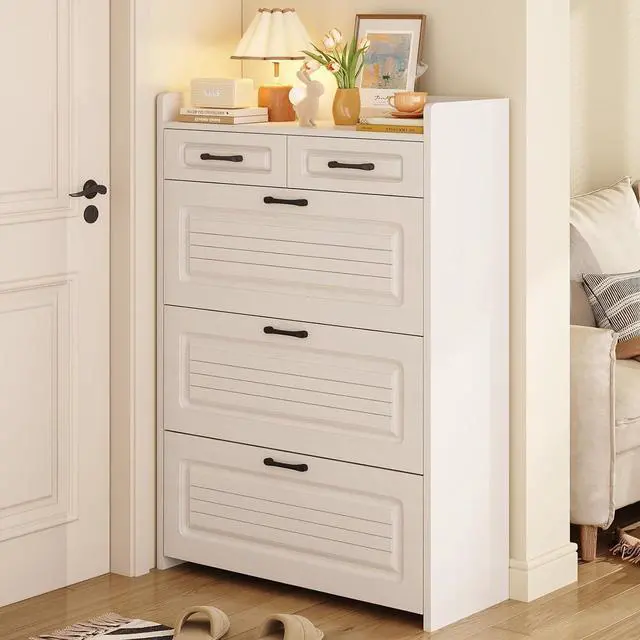 Main image of Shoe Cabinet with 2 Storage Drawers & 3 Large Flip Drawers for Entryway, Narrow Wood Shoe Storage Cabinet, Freestanding Hidden Shoe Organizer for Hallway, Living Room, Home & Apartment(White,Style A)