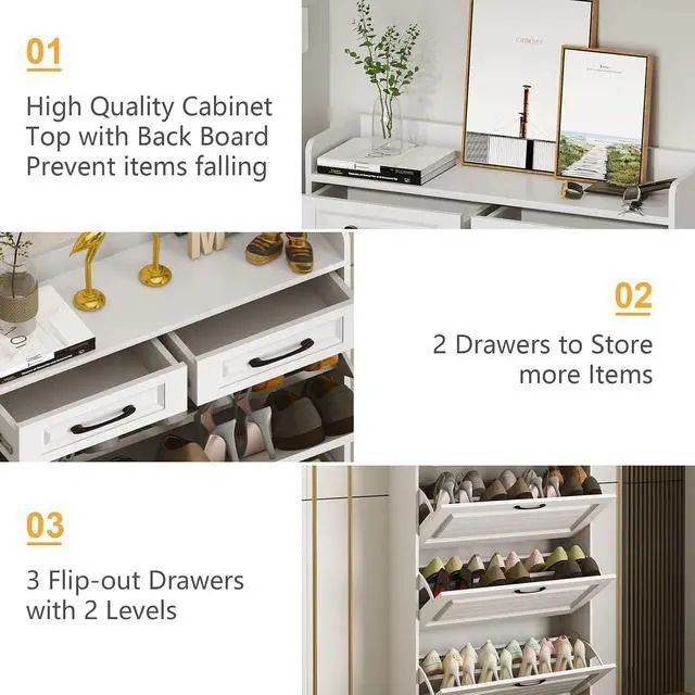 Alt view image 6 of 6 - Shoe Storage Cabinet with 3 Flip Drawers, White Freestanding Storage Racks for Entryway Hidden Narrow Shoe Organizers Perfect for Heels, Boots, Slippers