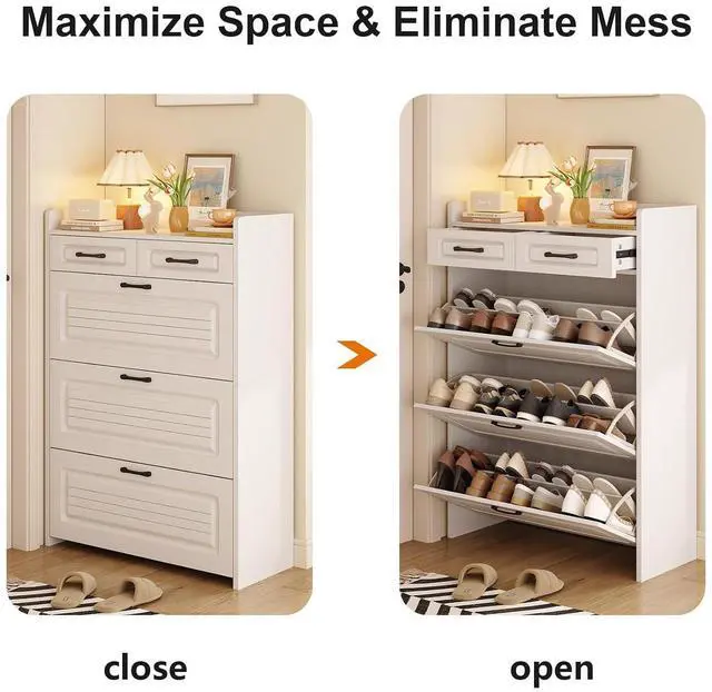 Alt view image 3 of 6 - Shoe Cabinet with 2 Storage Drawers & 3 Large Flip Drawers for Entryway, Narrow Wood Shoe Storage Cabinet, Freestanding Hidden Shoe Organizer for Hallway, Living Room, Home & Apartment(White,Style A)