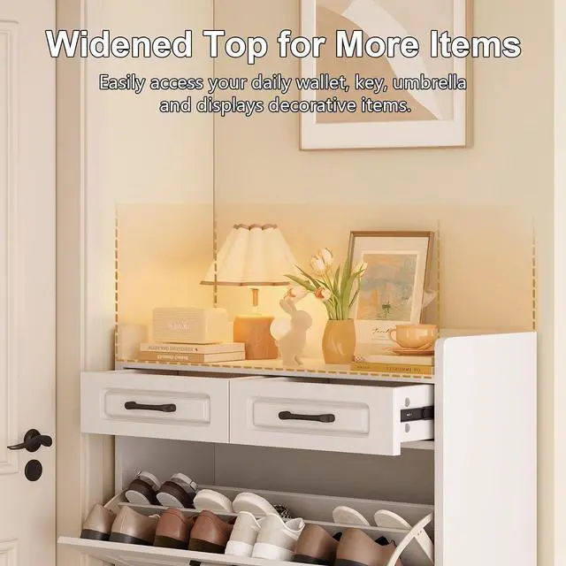 Alt view image 5 of 6 - Shoe Cabinet with 2 Storage Drawers & 3 Large Flip Drawers for Entryway, Narrow Wood Shoe Storage Cabinet, Freestanding Hidden Shoe Organizer for Hallway, Living Room, Home & Apartment(White,Style A)