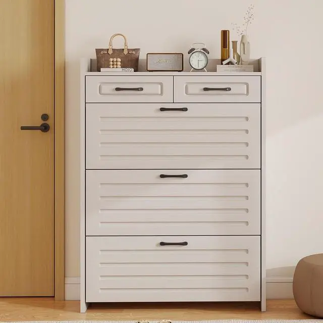 Alt view image 3 of 7 - Shoe Cabinet with 2 Storage Drawers & 3 Large Flip Drawers for Entryway, Narrow Wood Shoe Storage Cabinet, Freestanding Hidden Shoe Organizer for Hallway, Living Room, Home & Apartment(White,Style C)