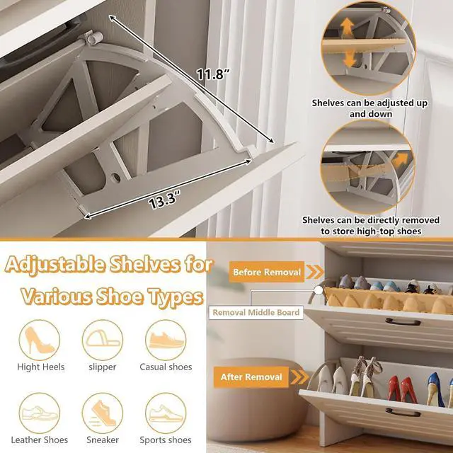 Alt view image 4 of 7 - Shoe Cabinet with 2 Storage Drawers & 3 Large Flip Drawers for Entryway, Narrow Wood Shoe Storage Cabinet, Freestanding Hidden Shoe Organizer for Hallway, Living Room, Home & Apartment(White,Style C)