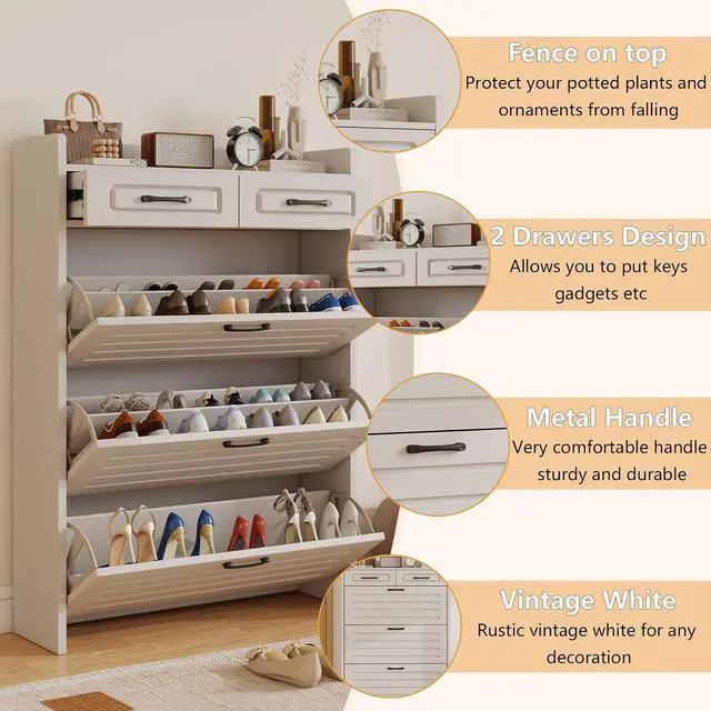 Alt view image 5 of 7 - Shoe Cabinet with 2 Storage Drawers & 3 Large Flip Drawers for Entryway, Narrow Wood Shoe Storage Cabinet, Freestanding Hidden Shoe Organizer for Hallway, Living Room, Home & Apartment(White,Style C)
