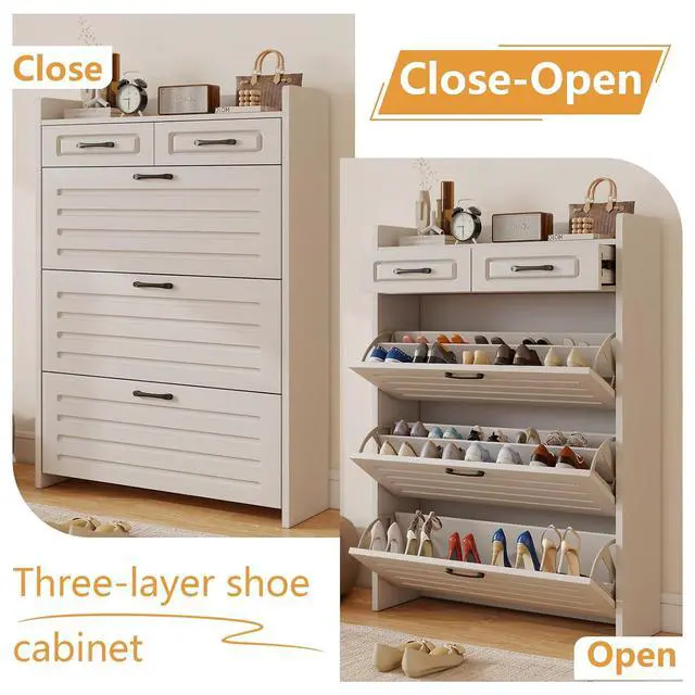 Alt view image 6 of 7 - Shoe Cabinet with 2 Storage Drawers & 3 Large Flip Drawers for Entryway, Narrow Wood Shoe Storage Cabinet, Freestanding Hidden Shoe Organizer for Hallway, Living Room, Home & Apartment(White,Style C)