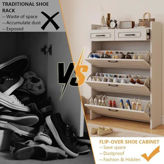 Alt view image 7 of 7 - Shoe Cabinet with 2 Storage Drawers & 3 Large Flip Drawers for Entryway, Narrow Wood Shoe Storage Cabinet, Freestanding Hidden Shoe Organizer for Hallway, Living Room, Home & Apartment(White,Style C)