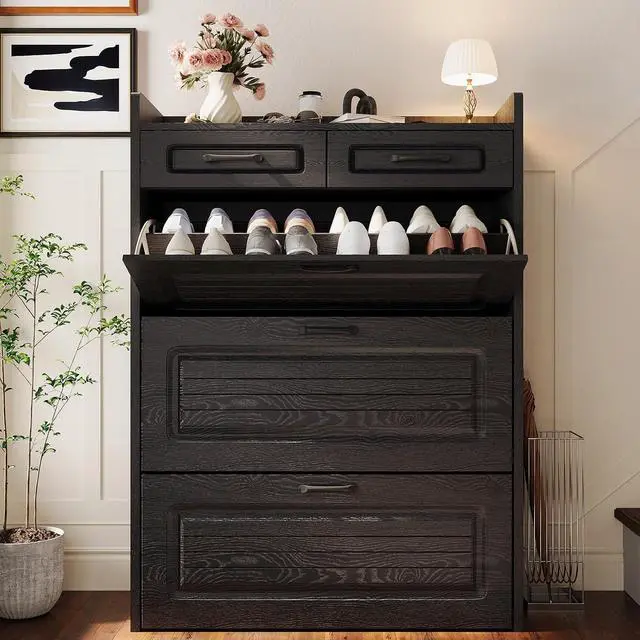 Main image of Shoe Cabinet with 2 Storage Drawers & 3 Large Flip Drawers for Entryway, Narrow Wood Shoe Storage Cabinet, Freestanding Hidden Shoe Organizer for Hallway, Living Room, Home & Apartment(Black)